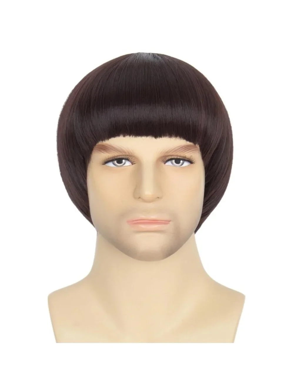 Men's Dark Brown Retro Bowl Cut Straight Synthetic Mushroom Hairpiece Bangs Wig
